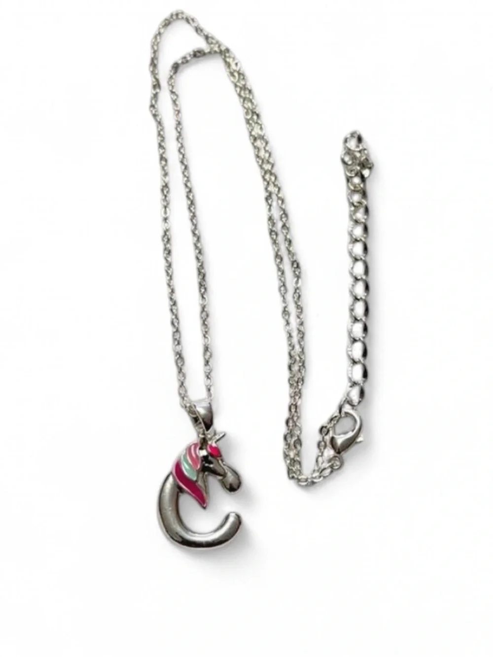 Silver Tone Unicorn Initial C Necklace Enamel Pendant Adjustable Chain